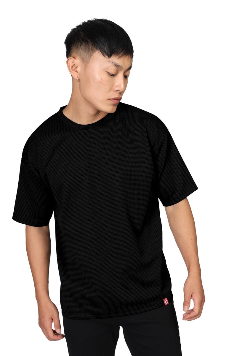 SHODOX® Men Oversized T Shirt Solid Dotted Design | Round Neck Loose Fit Drop Shoulder Casual T-Shirt for Men Black - Image 2