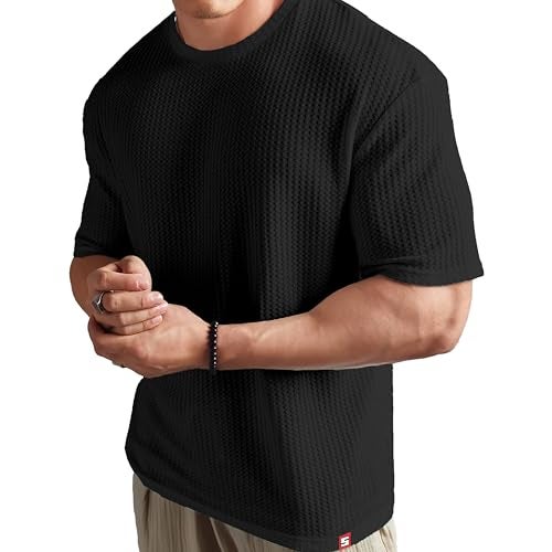 SHODOX® Men Oversized T Shirt Solid Dotted Design | Round Neck Loose Fit Drop Shoulder Casual T-Shirt for Men Black - Image 1