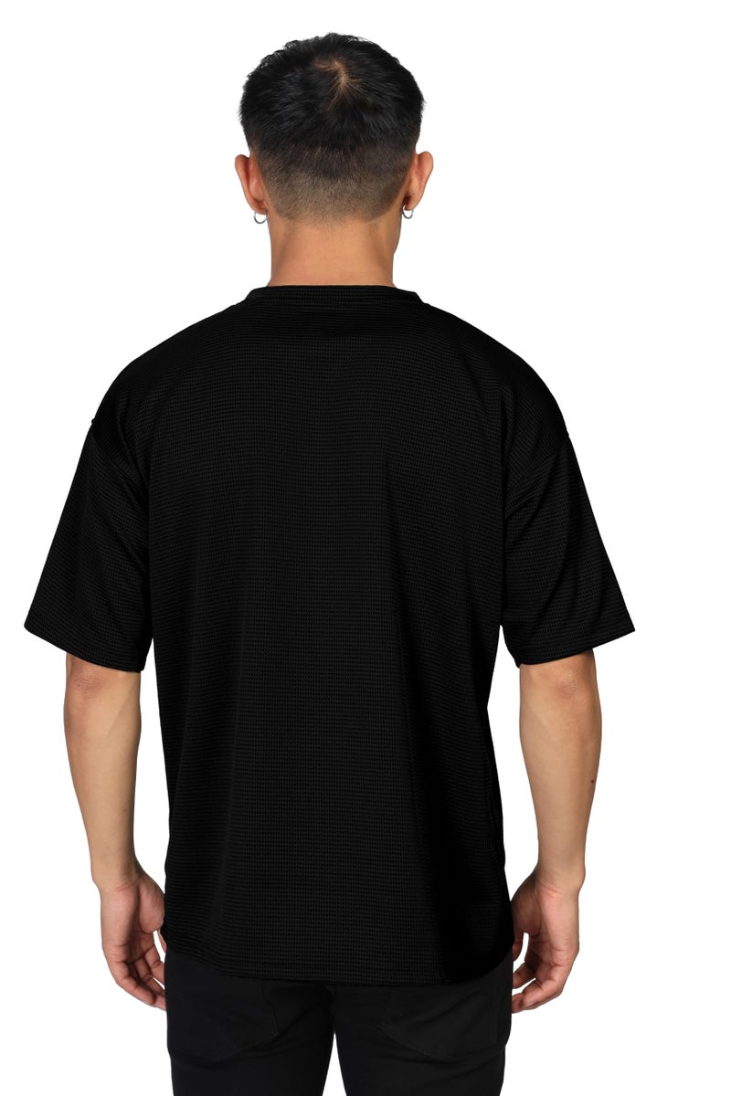 SHODOX® Men Oversized T Shirt Solid Dotted Design | Round Neck Loose Fit Drop Shoulder Casual T-Shirt for Men Black - Image 3