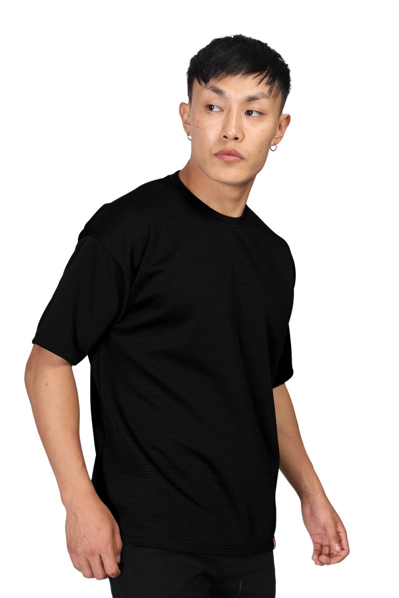 SHODOX® Men Oversized T Shirt Solid Dotted Design | Round Neck Loose Fit Drop Shoulder Casual T-Shirt for Men Black - Image 4