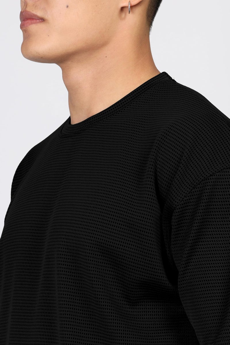 SHODOX® Men Oversized T Shirt Solid Dotted Design | Round Neck Loose Fit Drop Shoulder Casual T-Shirt for Men Black - Image 5