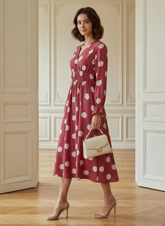 Splash FAV Polka Dot Print Midi Dress with Long Sleeves and Cinched Waist Detail