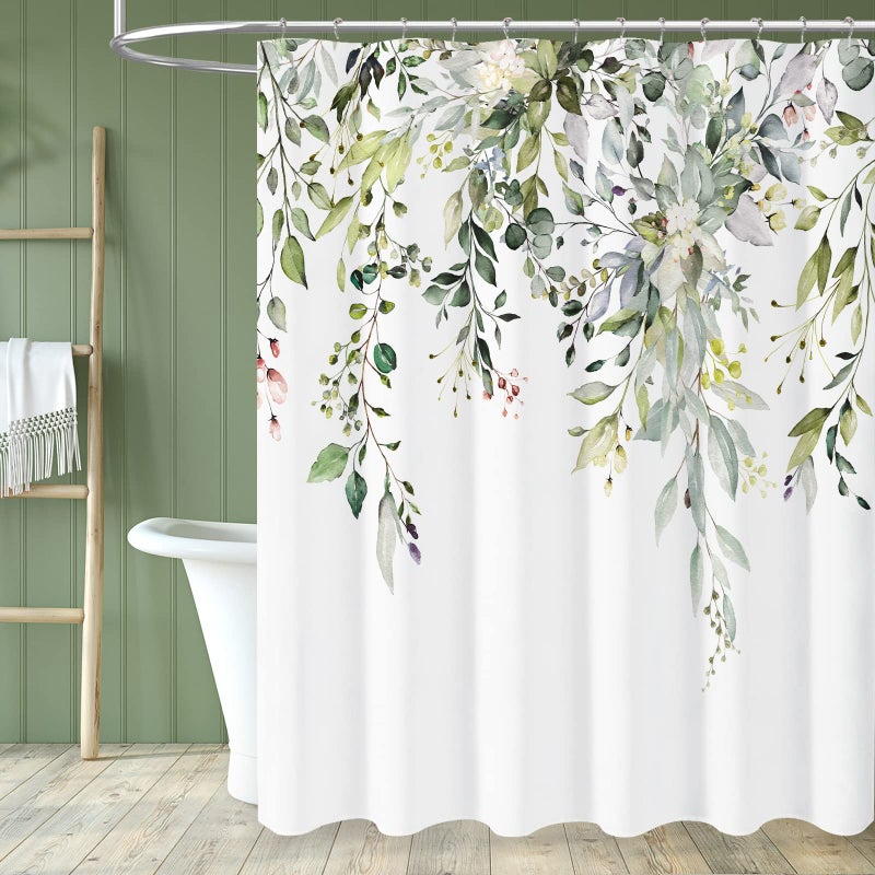BBiggood Fall Leaves Shower Curtain Watercolor Plant Floral Eucalyptus Leaves Fabric Sage Green Shower Curtains for Bathroom Decor Set with Hooks 72x72