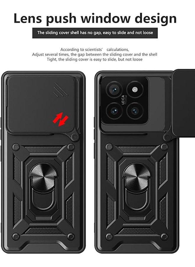 Compatible for Xiaomi 14T 5G Case with Sliding Camera, Integrated 360 Degree Rotating Ring Kickstand, Shockproof Protective Cover, Anti-Fall Drop Protection, Shockproof Case, Black