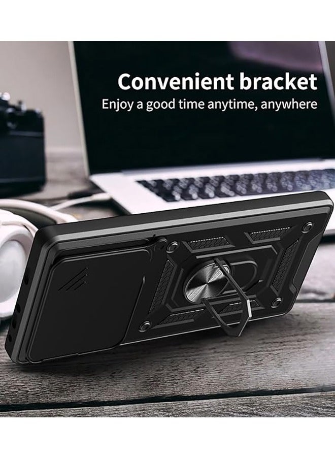 Compatible for Xiaomi 14T 5G Case with Sliding Camera, Integrated 360 Degree Rotating Ring Kickstand, Shockproof Protective Cover, Anti-Fall Drop Protection, Shockproof Case, Black