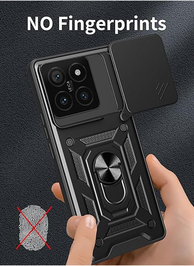 Compatible for Xiaomi 14T 5G Case with Sliding Camera, Integrated 360 Degree Rotating Ring Kickstand, Shockproof Protective Cover, Anti-Fall Drop Protection, Shockproof Case, Black
