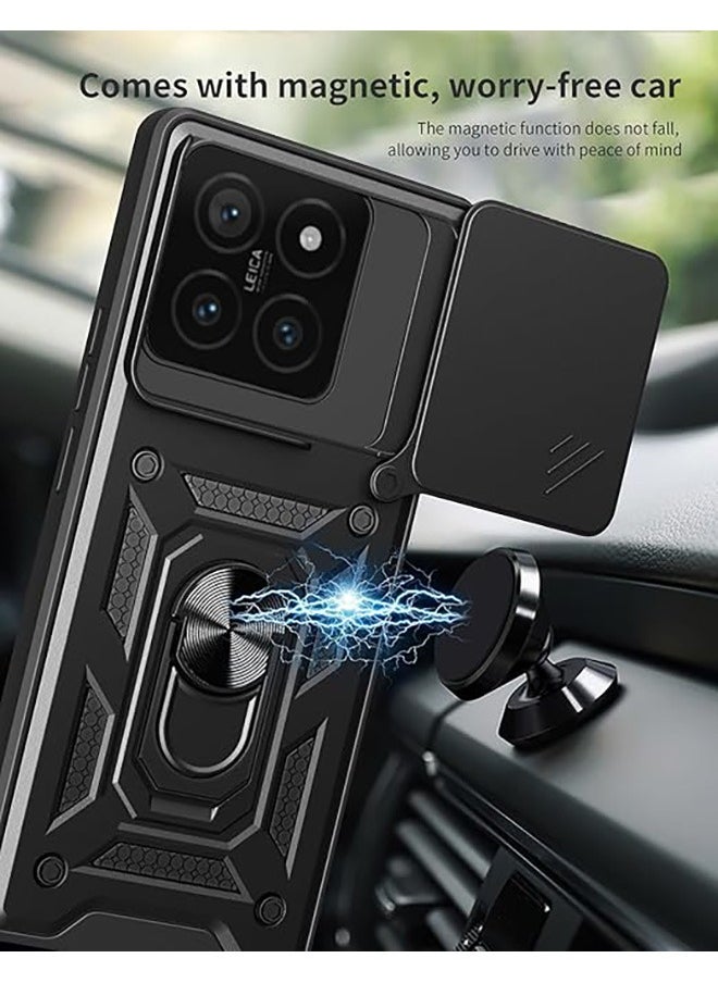 Compatible for Xiaomi 14T 5G Case with Sliding Camera, Integrated 360 Degree Rotating Ring Kickstand, Shockproof Protective Cover, Anti-Fall Drop Protection, Shockproof Case, Black