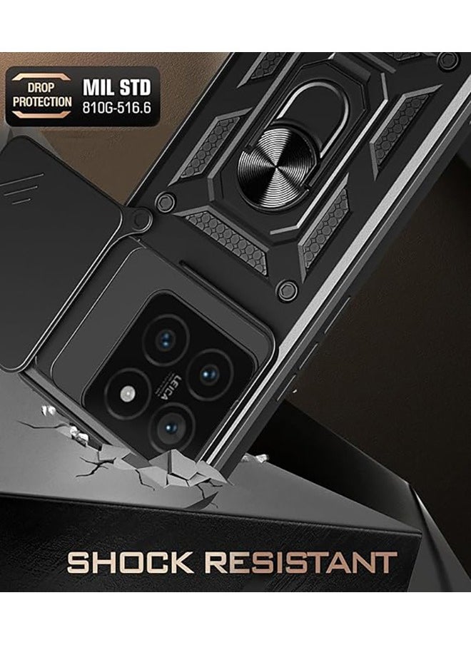 Compatible for Xiaomi 14T 5G Case with Sliding Camera, Integrated 360 Degree Rotating Ring Kickstand, Shockproof Protective Cover, Anti-Fall Drop Protection, Shockproof Case, Black