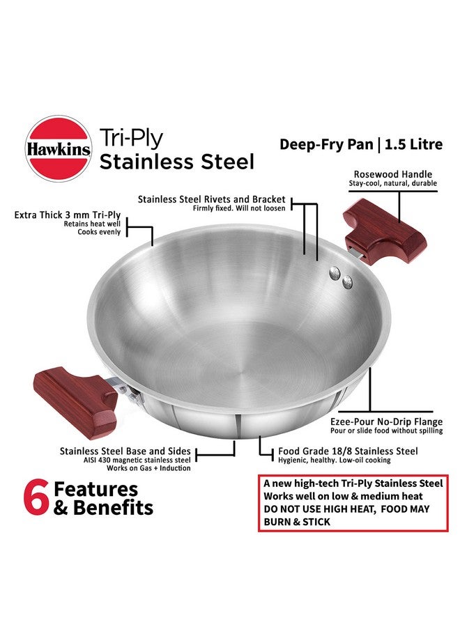 Hawkins 1.5 Litre Deep Fry Pan, Triply Stainless Steel Kadai, Flat Bottom Induction Kadhai, Small Kadai, Silver (SSD15) - Image 2