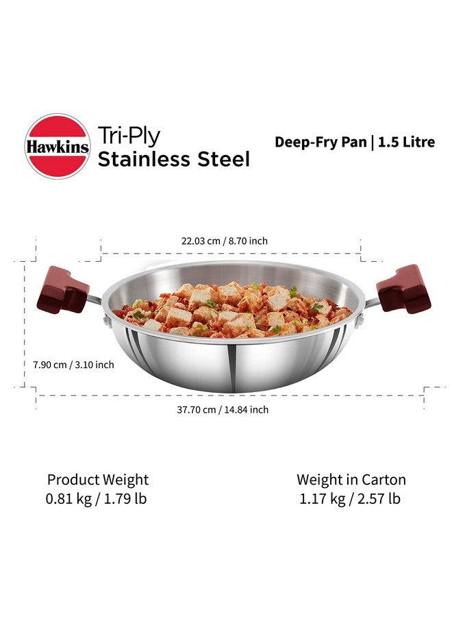 Hawkins 1.5 Litre Deep Fry Pan, Triply Stainless Steel Kadai, Flat Bottom Induction Kadhai, Small Kadai, Silver (SSD15) - Image 4