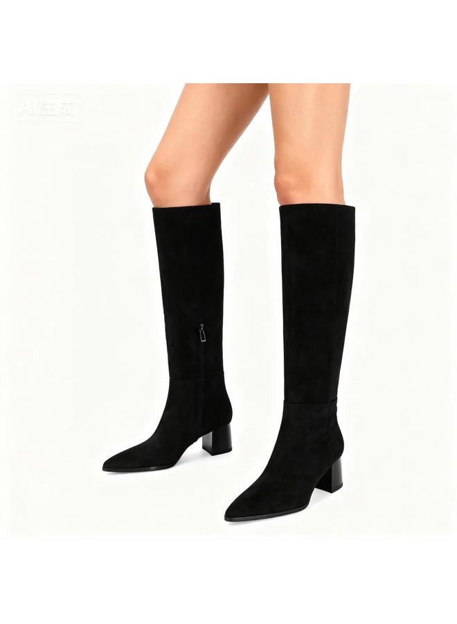 MICIFA Suede Knee High Boots for Women Pointed Toe Chunky Heel Tall Boots Side Zipper Long Boots Comfortable Casual, Black, 7 - Image 3