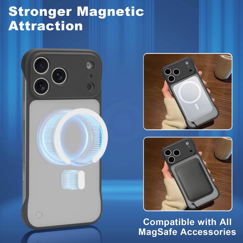 Omio Magnetic Slim Case for iPhone 17 Pro Compatible with MagSafe, Clear Matte Ultra-Thin Bumper Frameless Borderless Design with Finger Loop Full Camera Protection for Women Men, Black - Image 4
