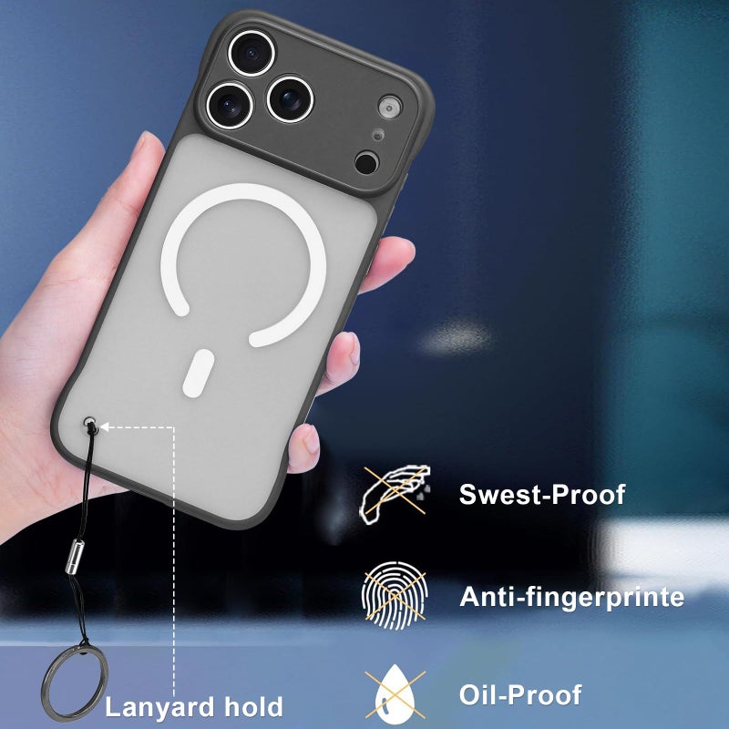 Omio Magnetic Slim Case for iPhone 17 Pro Compatible with MagSafe, Clear Matte Ultra-Thin Bumper Frameless Borderless Design with Finger Loop Full Camera Protection for Women Men, Black - Image 5