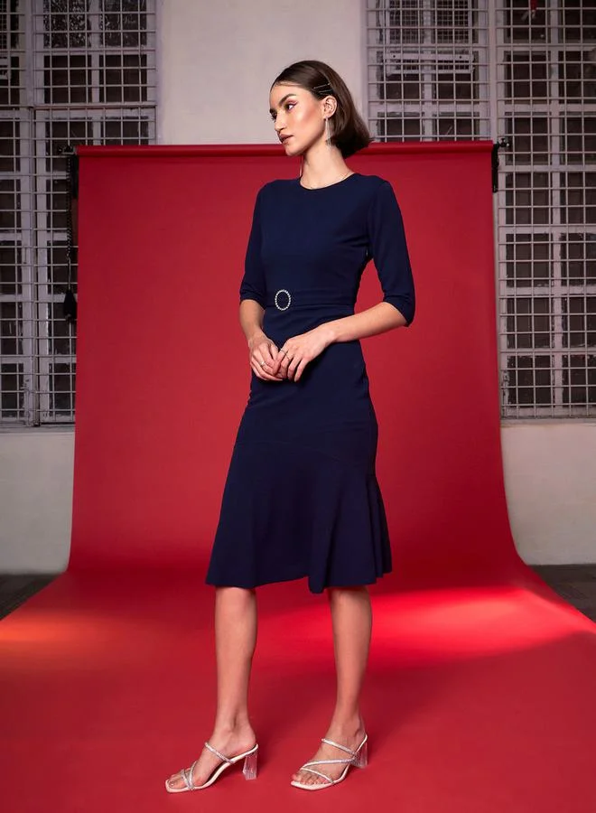 SASSAFRAS Frill Hem Belted Midi Dress with 3/4 Sleeve by Styli