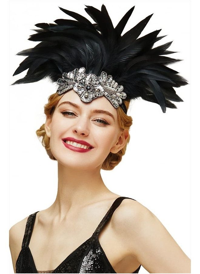 BABEYOND Carnival Feather Headpiece Showgirl Headband Women's Feather Pageant Headband 1920s Flapper Headband (Black)  - Image 1