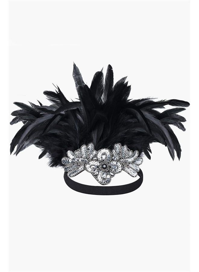 Carnival Feather Headpiece Showgirl Headband Women's Feather Pageant Headband 1920s Flapper Headband (Black)