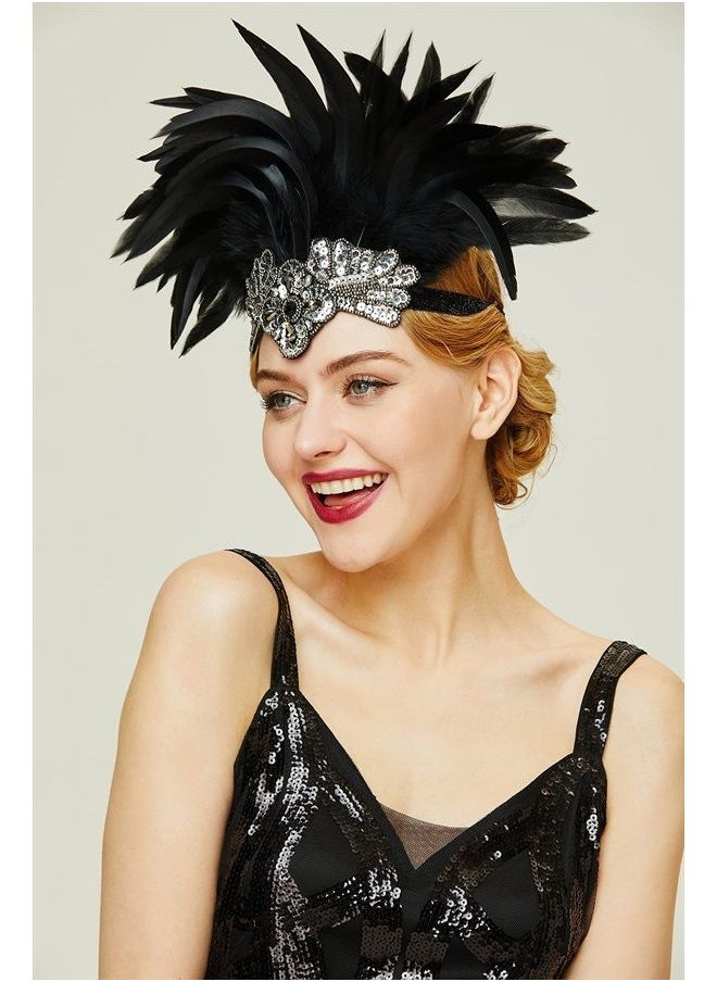 BABEYOND Carnival Feather Headpiece Showgirl Headband Women's Feather Pageant Headband 1920s Flapper Headband (Black)  - Image 4