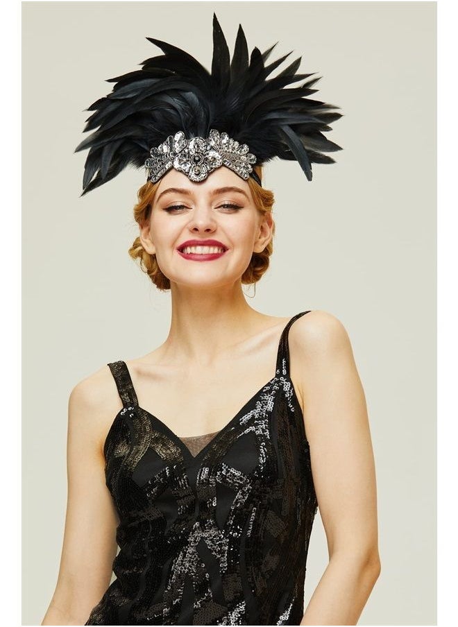 BABEYOND Carnival Feather Headpiece Showgirl Headband Women's Feather Pageant Headband 1920s Flapper Headband (Black)  - Image 5