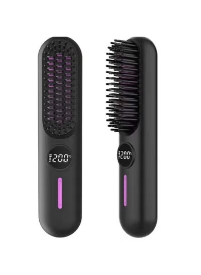 ELTRAZONE Wireless Hair Straightening Brush with Ceramic Heating Teeth, Cordless 2-in-1 Straightening and Curling Comb, 7 Adjustable Temperature Settings, Type-C Fast Charging, LED Display, Negative Ion Anti-Frizz Technology, Fast Heating Portable Hair Styling Tool for Smooth & Shiny Hair, Ideal for Travel, Office, Gym & Daily Home Use (Black & Purple) - Image 1