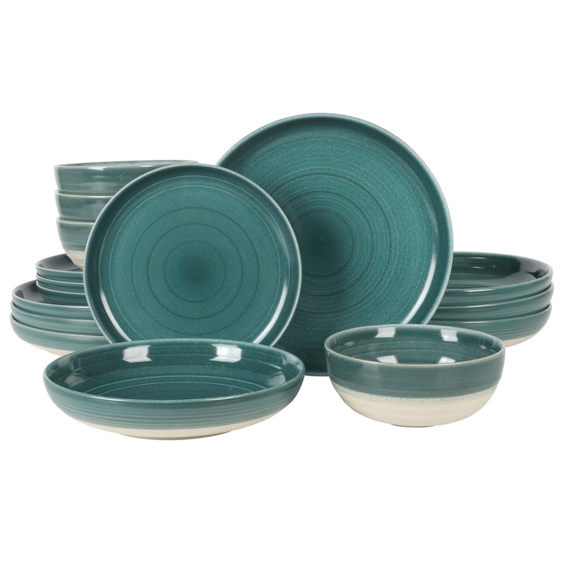 Gibson Elite Gibson Elite Clarina 16 Piece Double Bowl Stoneware Reactive Glaze Round Plates and Bowls Dinnerware Set  Teal 