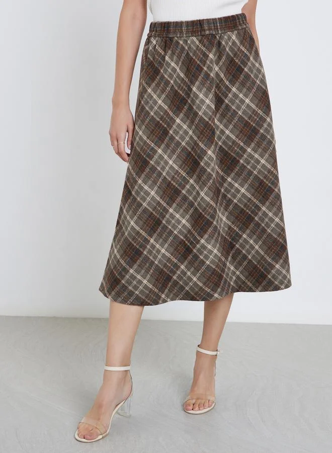 Styli Styli Checked Elastic Waistband A-Line Midi Skirt