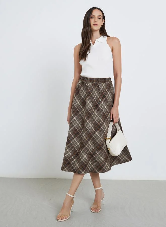 Styli Checked Elastic Waistband A-Line Midi Skirt