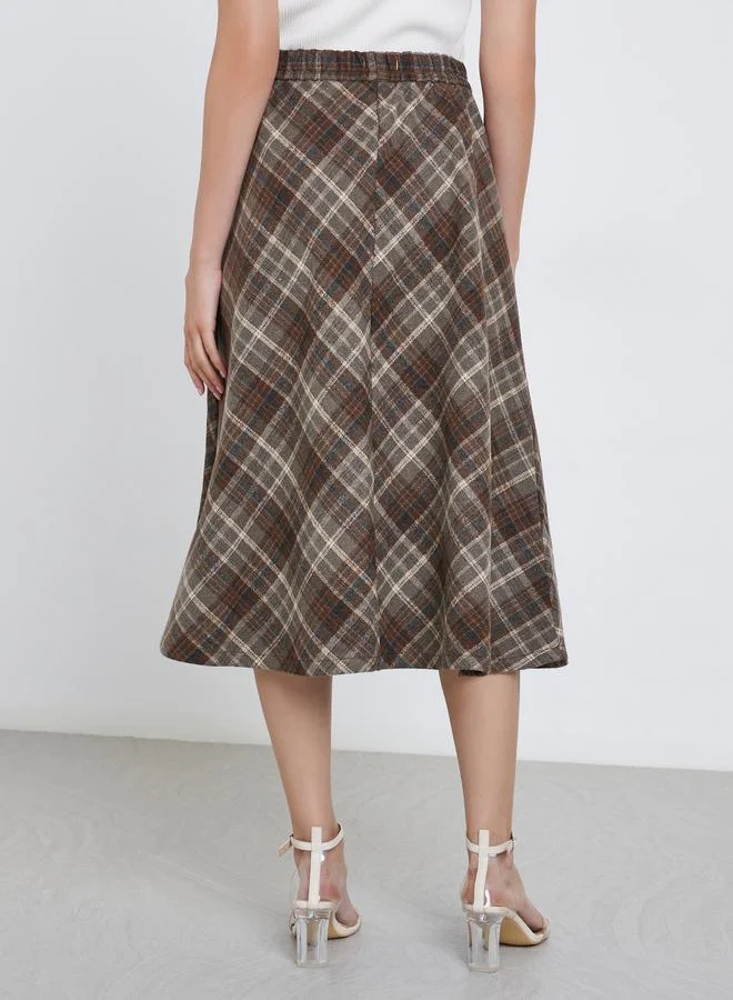 Styli Styli Checked Elastic Waistband A-Line Midi Skirt