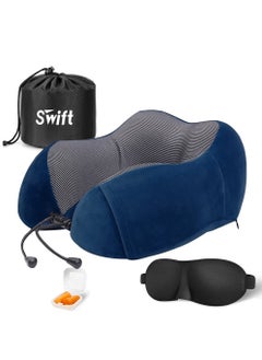 Swift Travel Pillow, Memory Foam, Airplane Neck Pillow with 3D Contoured Eye Masks, Earplugs and Storage Bag for Sleeping Rest, Blue  - Image 1