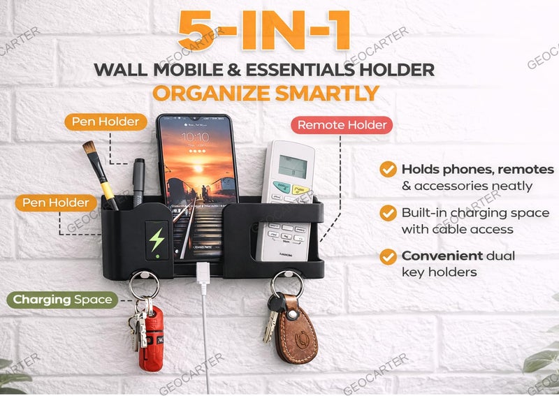 GEOCARTER Wall Mobile Holder | Multi-Purpose Mobile Stand | Remote Holder & Mobile Charging Stand, Phone Stand for Charging with Pen and Key Holder Useful Gadget-White | Useful Gadget-Black - Image 2
