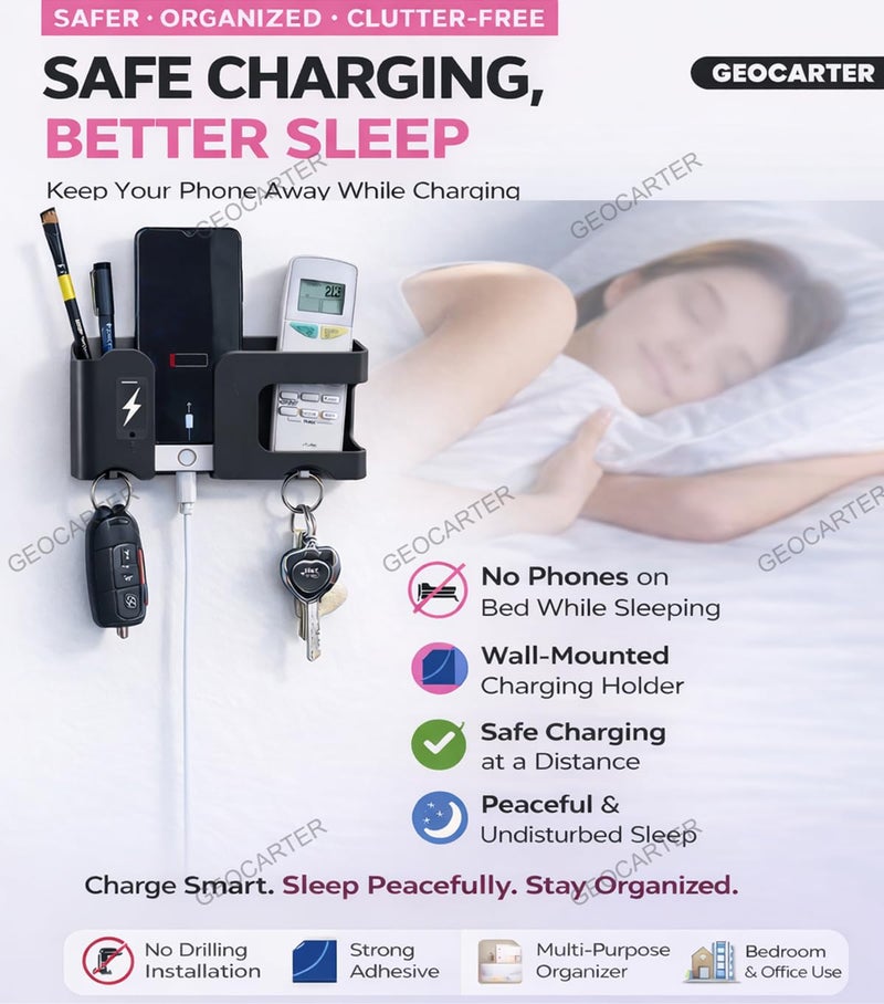 GEOCARTER Wall Mobile Holder | Multi-Purpose Mobile Stand | Remote Holder & Mobile Charging Stand, Phone Stand for Charging with Pen and Key Holder Useful Gadget-White | Useful Gadget-Black - Image 3