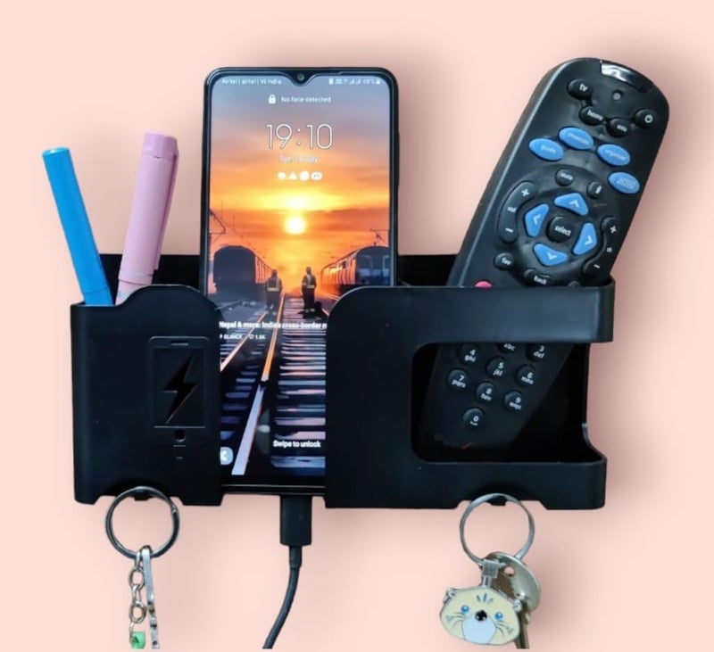 GEOCARTER Wall Mobile Holder | Multi-Purpose Mobile Stand | Remote Holder & Mobile Charging Stand, Phone Stand for Charging with Pen and Key Holder Useful Gadget-White | Useful Gadget-Black - Image 1