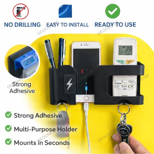 GEOCARTER Wall Mobile Holder | Multi-Purpose Mobile Stand | Remote Holder & Mobile Charging Stand, Phone Stand for Charging with Pen and Key Holder Useful Gadget-White | Useful Gadget-Black - Image 4