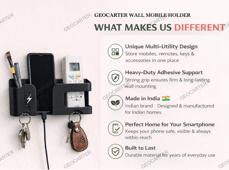 GEOCARTER Wall Mobile Holder | Multi-Purpose Mobile Stand | Remote Holder & Mobile Charging Stand, Phone Stand for Charging with Pen and Key Holder Useful Gadget-White | Useful Gadget-Black - Image 5
