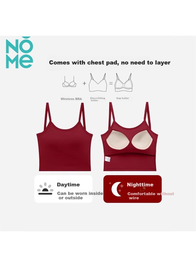 Nome Cross Back Small Strap Tank Top Women's High Elastic Slim Fit Camisole Bra Fixed Cup Inner Wear Burgundy M - Image 3