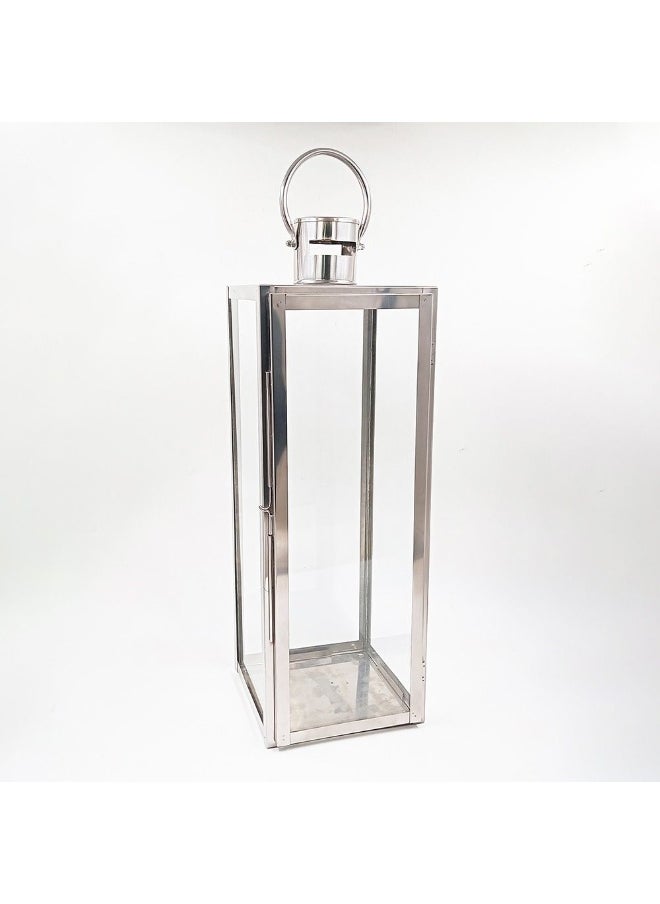 DANUBE HOME Abeer Ss-Glass Rectangle Lantern – Elegant Stainless Steel & Glass Decorative Lantern For Home, Garden, Patio, Events, Ramadan, Outdoor & Indoor Lighting Silver 20X20X60Cm 