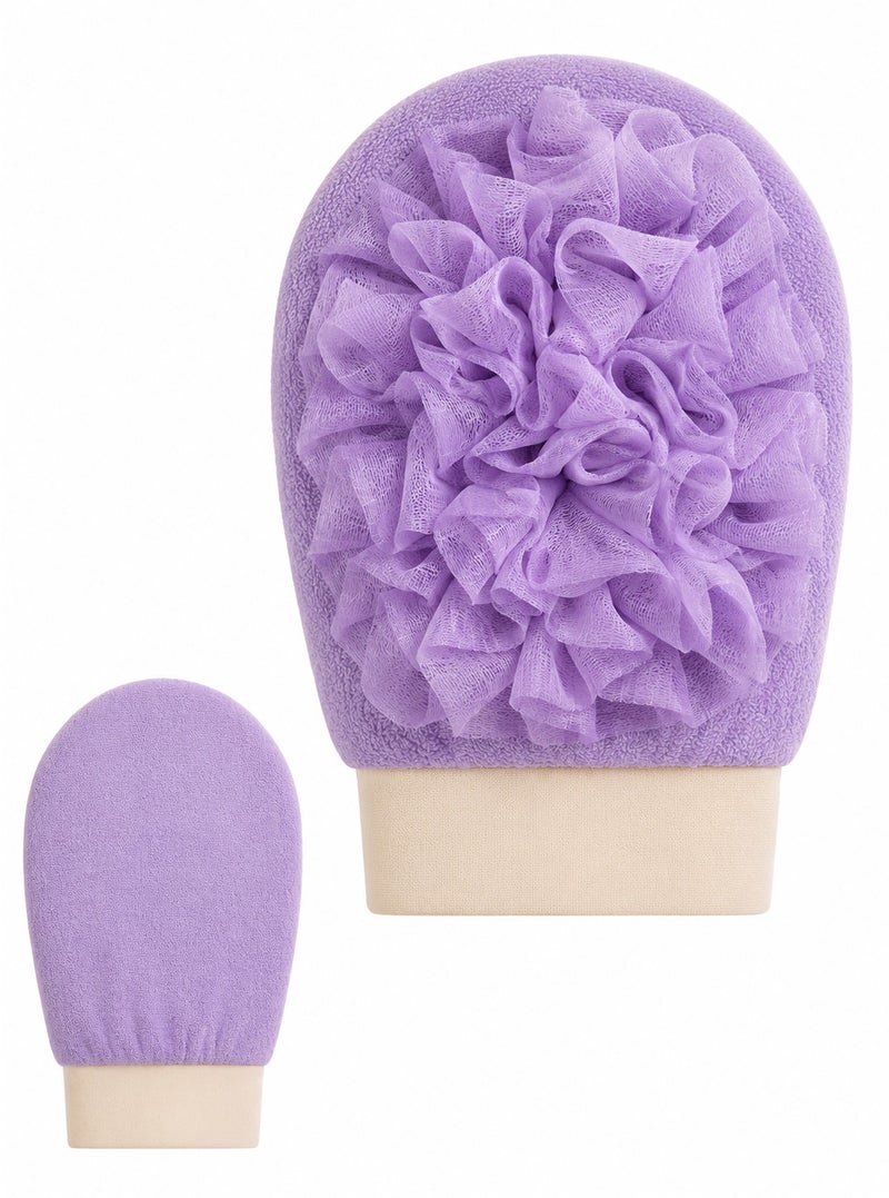 O2. Purple Bath Sponge Glove with Mesh Flower Pouf, Elastic Shower Scrub Glove for Body Cleansing, Soft Bath Exfoliating Glove with Sponge Base and Wrist Cuff for Shower Gel, Soap Lather, Daily Bath Routine and Travel, 13.5 x 20.5 cm - Image 1