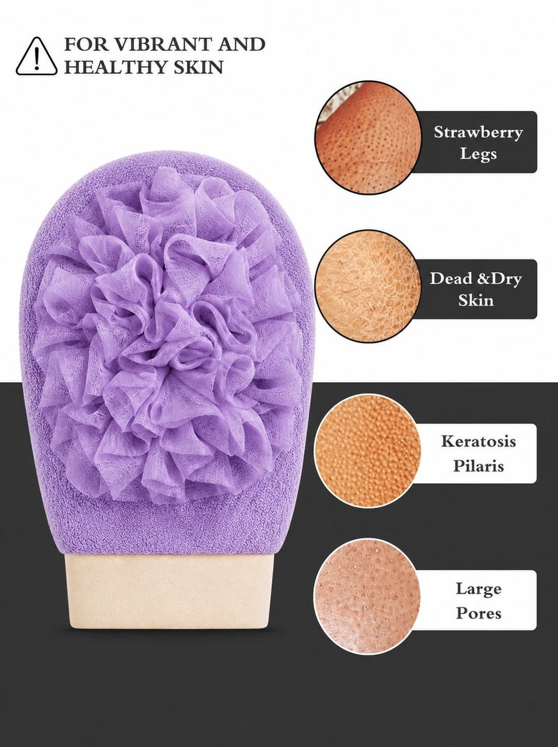 O2. Purple Bath Sponge Glove with Mesh Flower Pouf, Elastic Shower Scrub Glove for Body Cleansing, Soft Bath Exfoliating Glove with Sponge Base and Wrist Cuff for Shower Gel, Soap Lather, Daily Bath Routine and Travel, 13.5 x 20.5 cm - Image 4