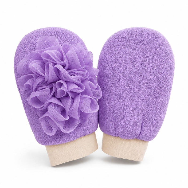 O2. Purple Bath Sponge Glove with Mesh Flower Pouf, Elastic Shower Scrub Glove for Body Cleansing, Soft Bath Exfoliating Glove with Sponge Base and Wrist Cuff for Shower Gel, Soap Lather, Daily Bath Routine and Travel, 13.5 x 20.5 cm - Image 2