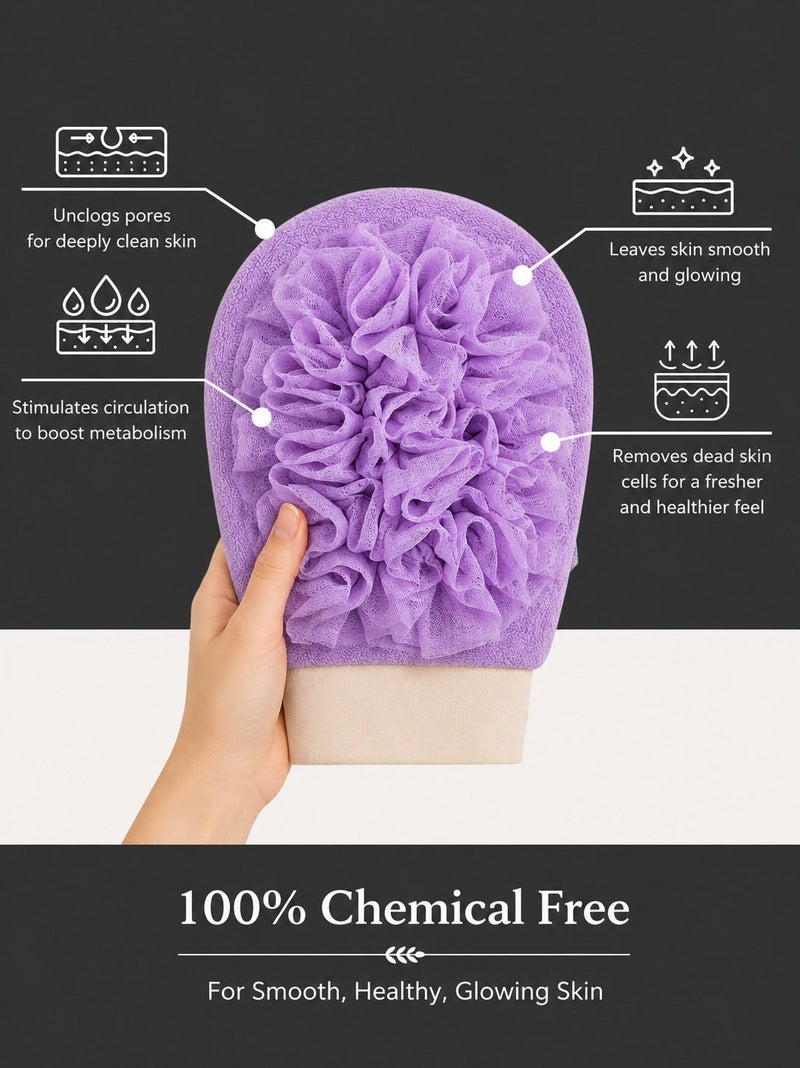 O2. Purple Bath Sponge Glove with Mesh Flower Pouf, Elastic Shower Scrub Glove for Body Cleansing, Soft Bath Exfoliating Glove with Sponge Base and Wrist Cuff for Shower Gel, Soap Lather, Daily Bath Routine and Travel, 13.5 x 20.5 cm - Image 3