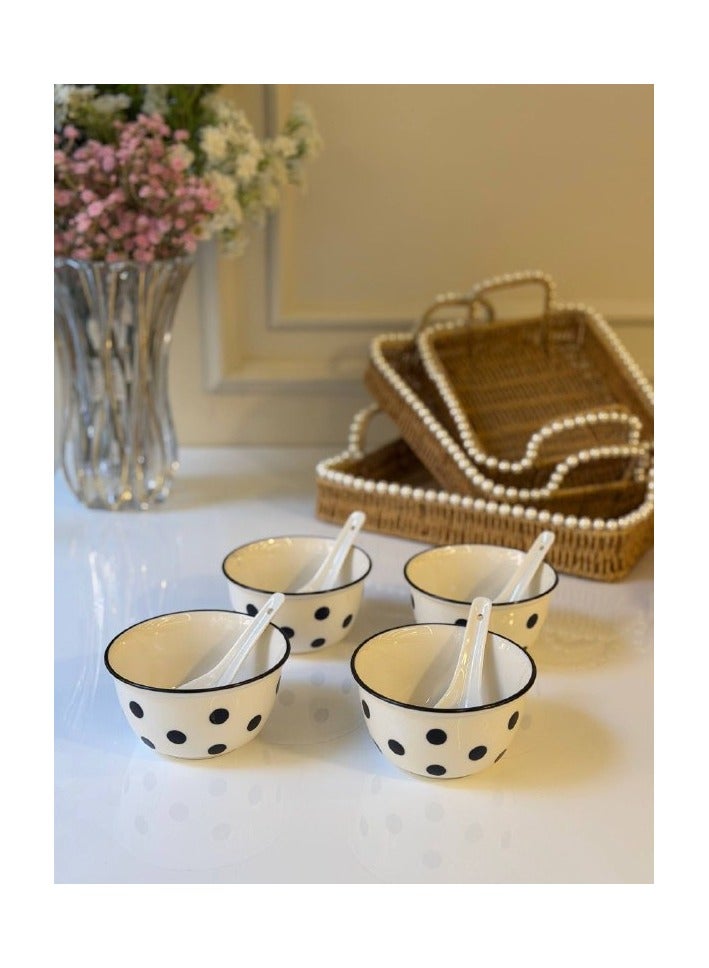 طقم أوعية من البورسلين مزين بنقاط البولكا. طقم من 4 قطع مع ملاعق. - Image 1