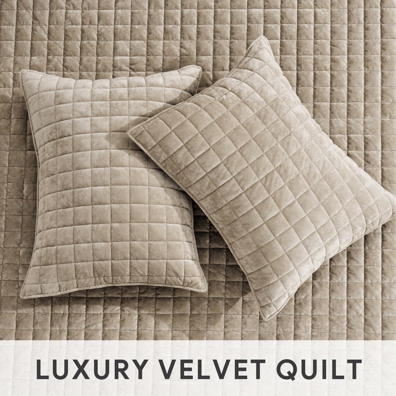 RECYCO Luxury Velvet Quilt Set Full Queen Size Bedding Sets, Ultra Soft Velvet Comforter Set, Lightweight Channel Box Stitch Oversized Bedspread Coverlet for All Season, with 2 Shams, Urban Taupe - Image 4