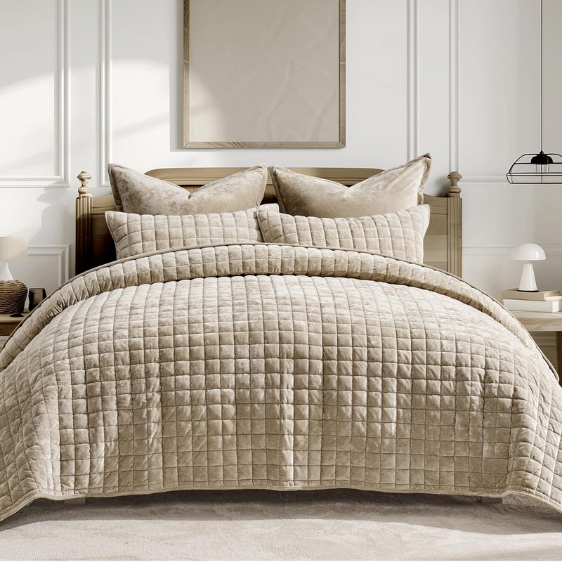 RECYCO Luxury Velvet Quilt Set Full Queen Size Bedding Sets, Ultra Soft Velvet Comforter Set, Lightweight Channel Box Stitch Oversized Bedspread Coverlet for All Season, with 2 Shams, Urban Taupe - Image 1
