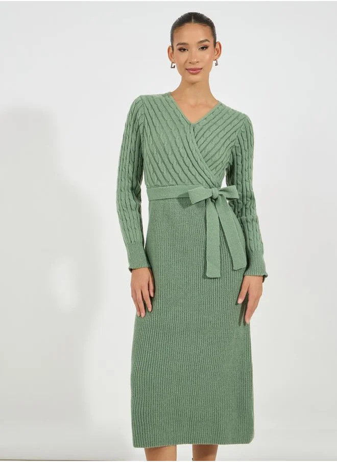 Styli Textured Cable Knit Sweater Midi Dress with Tie Belt