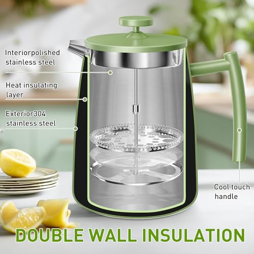 Secura 50oz French Press Coffee Maker 304 Stainless Steel Insulated Coffee Press with Extra Filter Green - Image 3