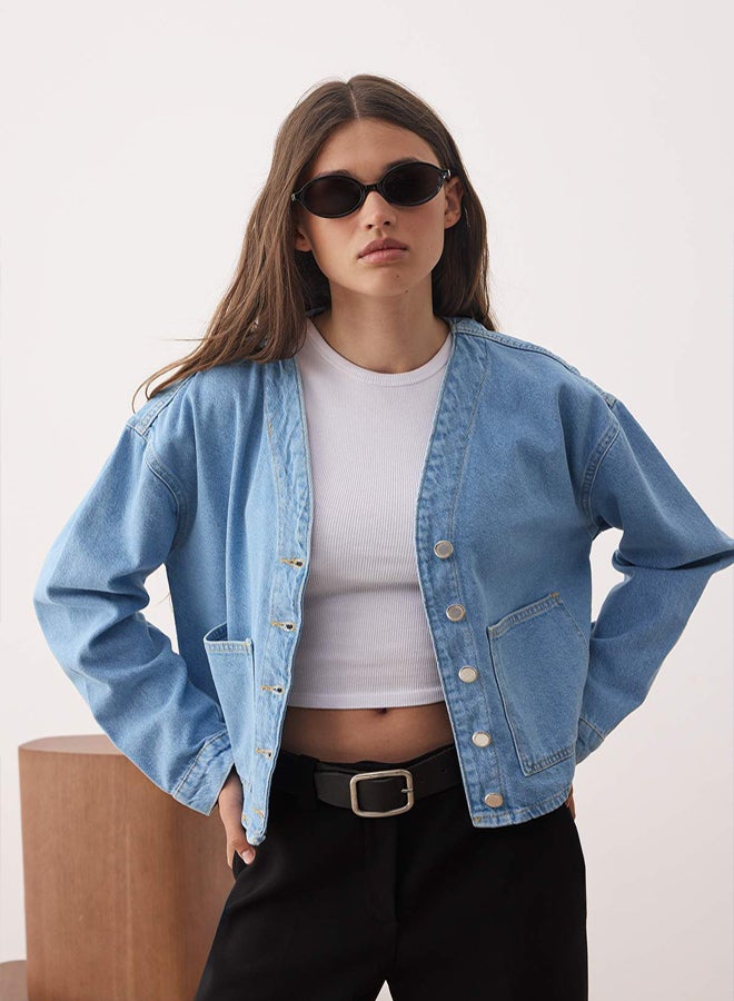 trendyol Blue Pocket Detailed Denim Jacket - Image 1