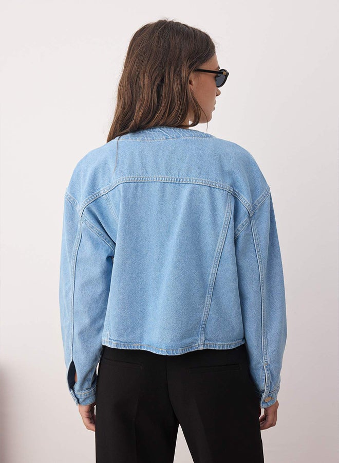 trendyol Blue Pocket Detailed Denim Jacket - Image 4
