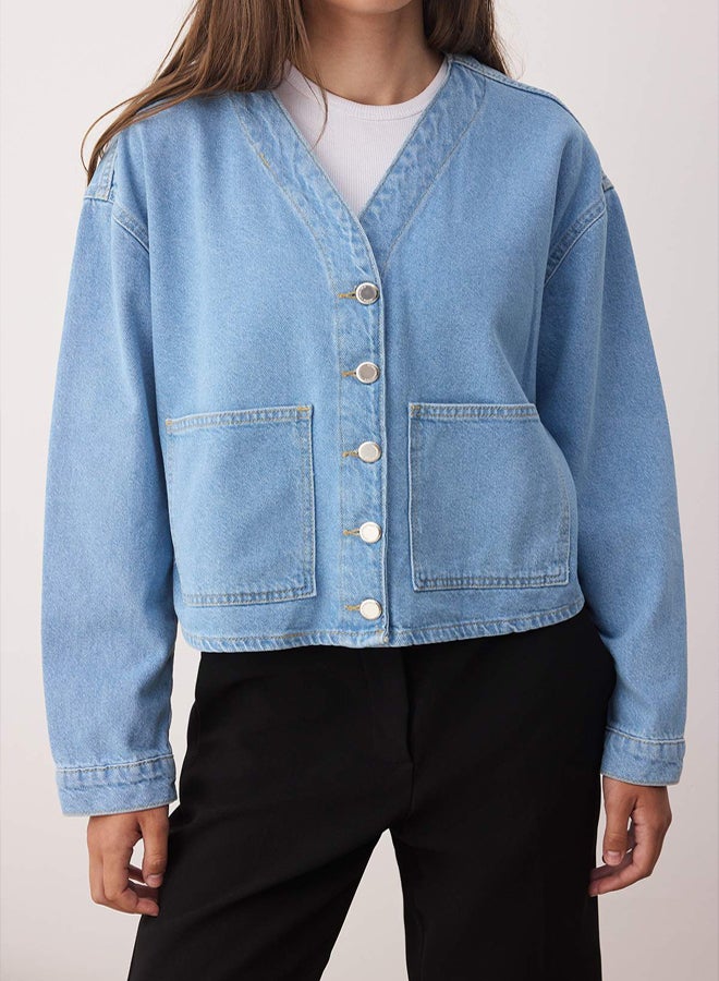 trendyol Blue Pocket Detailed Denim Jacket - Image 3