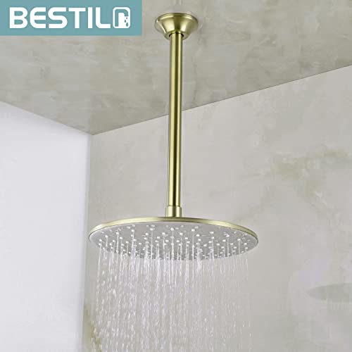 BESTILL 12 Inch Ceiling Mount Rain Shower Head Arm and Flange, Brushed Gold - Image 3