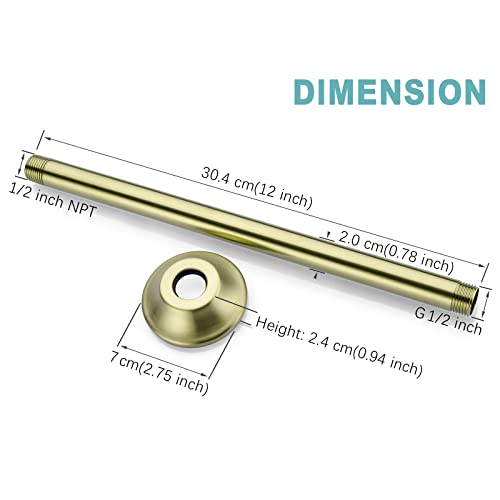BESTILL 12 Inch Ceiling Mount Rain Shower Head Arm and Flange, Brushed Gold - Image 5