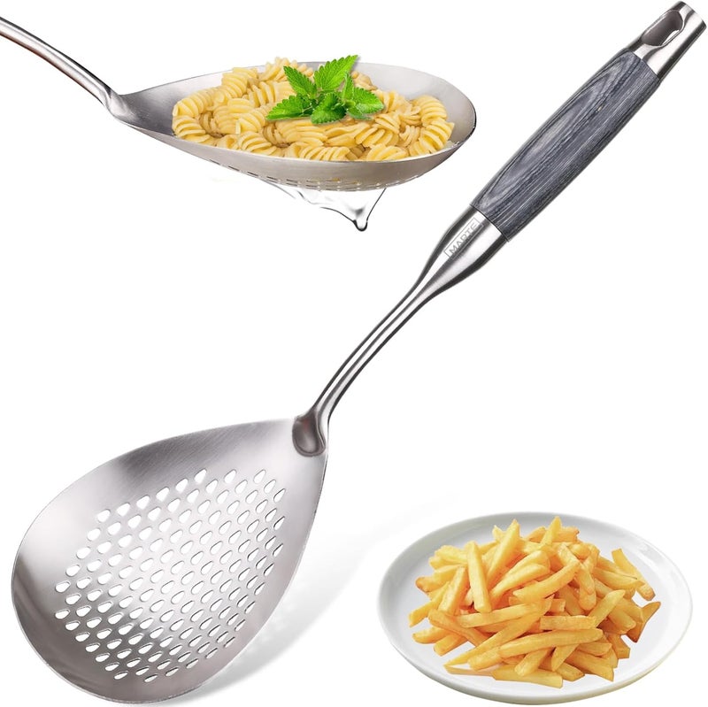 Marte Skimmer Slotted Spoon -14.8in Pasta Strainer Skimmer Ladle Spoon for Cooking and Frying - Kitchen Scoop Colander Strainer Spoon with Heat Resistant Black Wooden Handle - Image 1